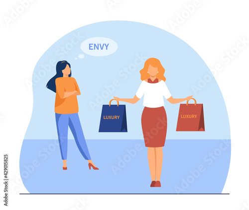 Poor woman feeling envy to rich lady. Luxury, bag, money flat vector illustration. Wealth and poverty concept for banner, website design or landing web page
