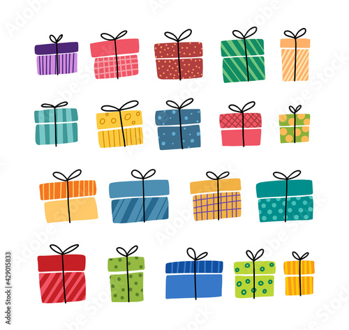 Gift boxes, presents vector icon set. Hand drawn doodle collection isolated on white. For Sale Birthday Christmas