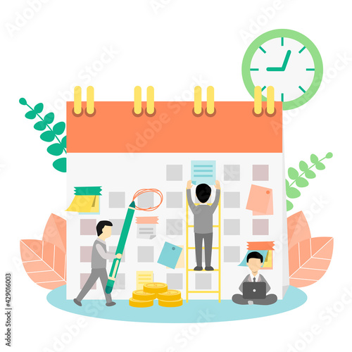 Businessman and his teammates working hard on tight schedule cartoon vector. hurry or busy time, deadline , time management concept.