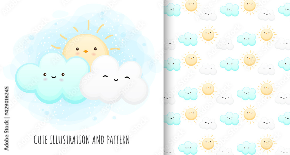 Cute clouds and sun illustration and pattern Premium Vector Cute clouds and sun illustration and pattern Premium Vector