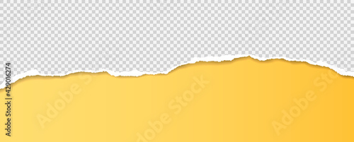 Torn, ripped squared paper strip with soft shadow is on yellow background for text. Vector illustration