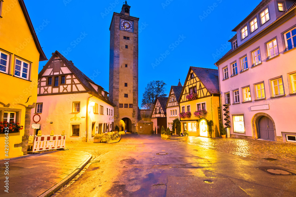 Rothenburg ob der Tauber. Hisoric tower gate of medieval German town of Rothenburg ob der Tauber evening view