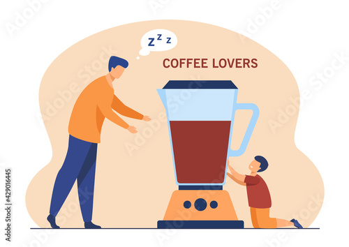 Tiny coffee lovers going to take morning cup of coffee. Drink, caffeine, machine flat vector illustration. Hot beverages and addiction concept for banner, website design or landing web page