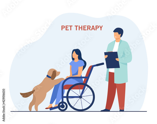 Disabled woman playing with cute dog. Wheelchair, doctor, treatment flat vector illustration. Disability and pet therapy concept for banner, website design or landing web page