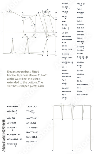 Elegant open dress. Fitted bodice, Japanese sleeve. Cut-off at the waist line, the skirt is extended to the bottom. The skirt has 3 shaped pleats each