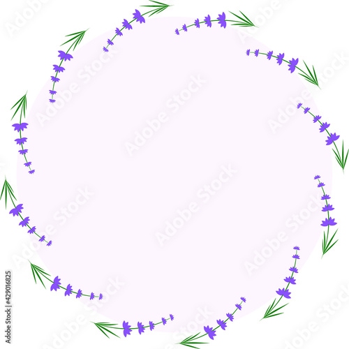 Lavender flowers in a round frame. Spring and summer time. Blooming flowers.