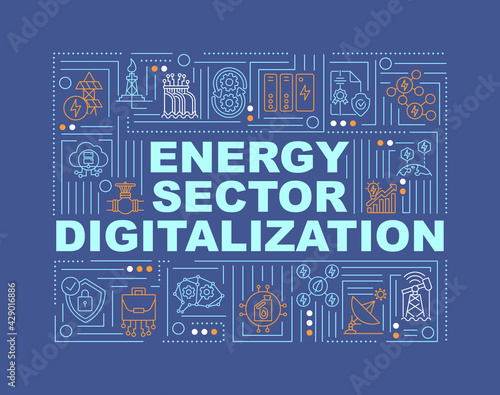 Energy sector digitalization word concepts banner. Automatical process of getting fuel. Infographics with linear icons on navy background. Isolated typography. Vector outline RGB color illustration
