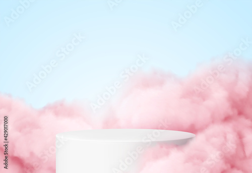 Blue background with a product podium surrounded by pink clouds. Smoke, fog, steam background. Vector illustration
