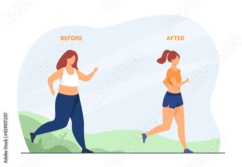 Woman running for sake of slim body. Result, weight, jogging flat vector illustration. Healthy lifestyle and fitness concept for banner, website design or landing web page