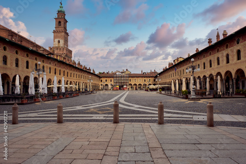 View of the world-famous renaissance square in the old city centre of Vigevano (Lombardy, Northern Italy); historians think it was designed with the contribution of Leonardo da Vinci.