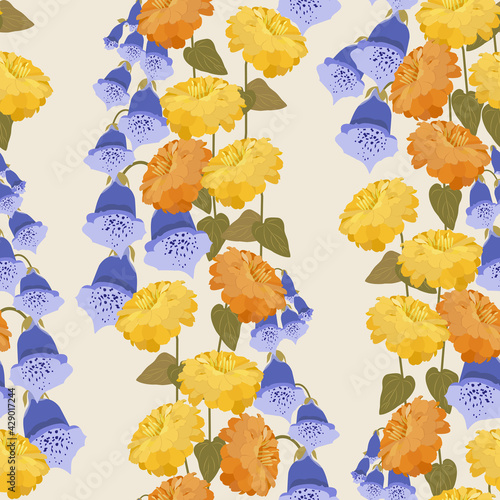 Seamless vector illustration with chrysanthemums and bells in a light background.