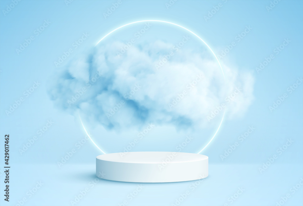 Realistic white fluffy clouds in product podium with neon circle on blue background. Cloud sky background for your design. Vector illustration - obrazy, fototapety, plakaty 