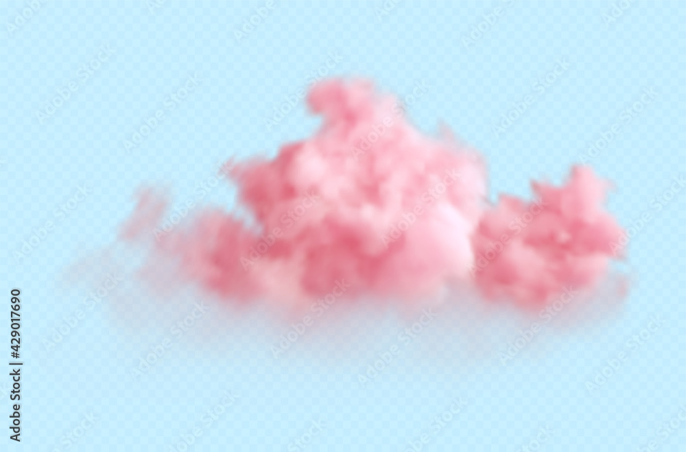 Realistic pink fluffy cloud isolated on transparent blue background ...