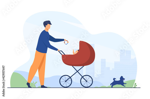 Happy father walking with baby and dog. Toy, pram, pet flat vector illustration. Family and fatherhood concept for banner, website design or landing web page