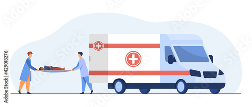 Two male nurses carrying boy in stretcher. Vehicle, ambulance, doctor flat vector illustration. Emergency service and medicine concept for banner, website design or landing web page