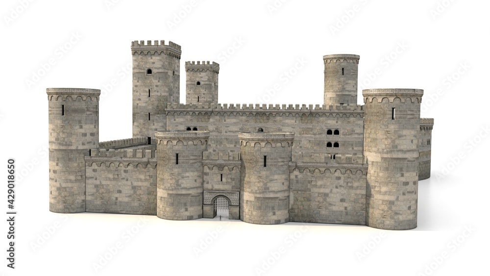 medieval castle in romanic style, 3d illustration