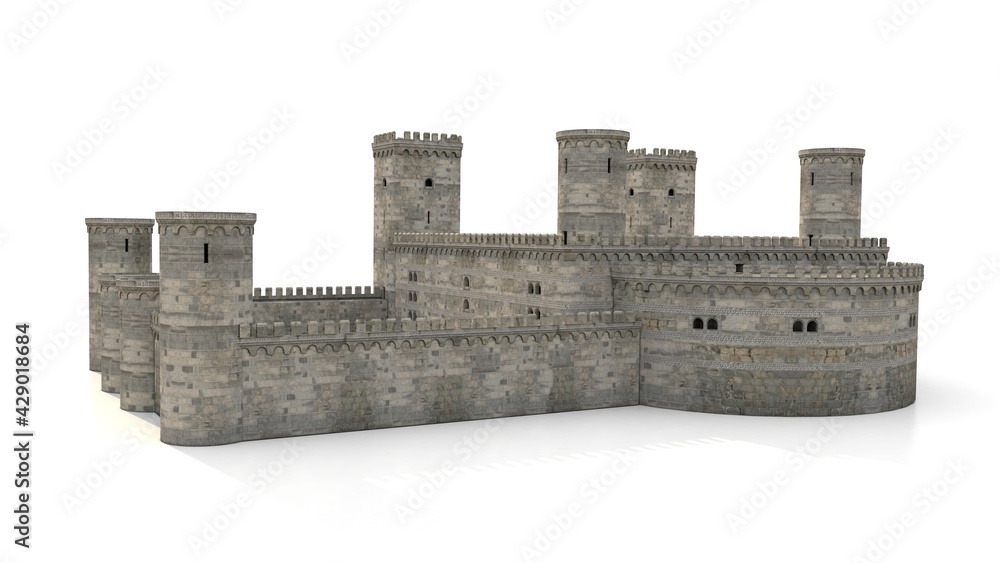 medieval castle in romanic style, 3d illustration