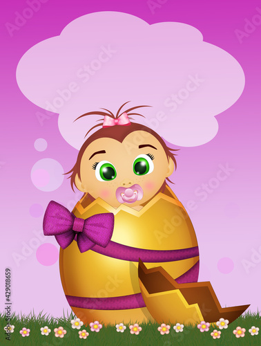 illustration of baby girl in the Easter golden egg
