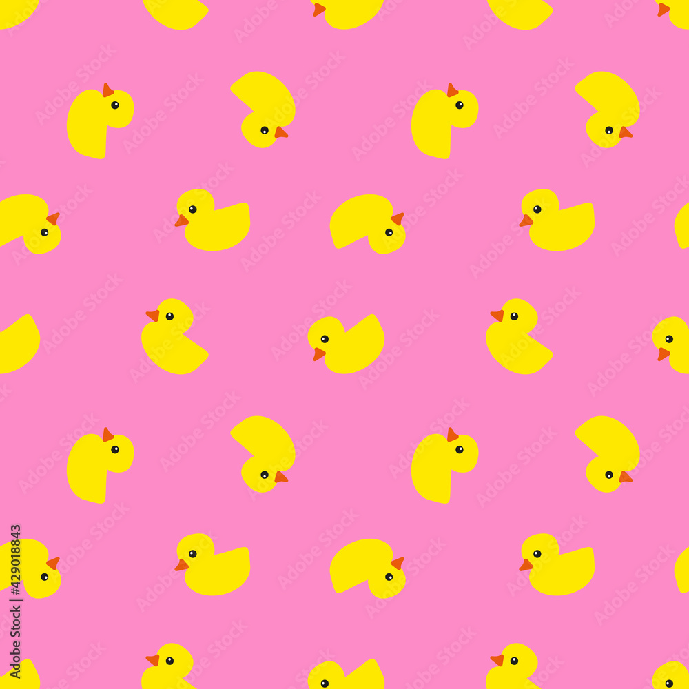 Yellow rubber ducks with orange beaks and black eyes on pink background, seamless pattern Yellow rubber ducks with orange beaks and black eyes on pink background, seamless pattern