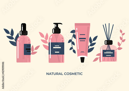 set of natural cosmetics bottles and tubes for beauty. vector illustration of organic product serum cream diffuser and dispenser in pastel colors with thin branches and leaves