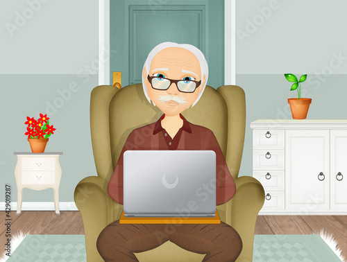 illustration of old man with laptop sitting on the armchair