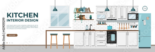 Modern kitchen interior design with white furniture background template.Dinner room vector illustration in flat style.Household objects and cooking utensils. Perfect for banner, web, media
