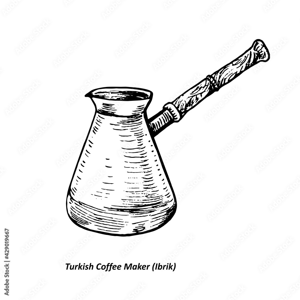 Turkish coffee maker (Ibrik), gravure style ink drawing illustration with handwritten inscription Turkish coffee maker (Ibrik), gravure style ink drawing illustration with handwritten inscription