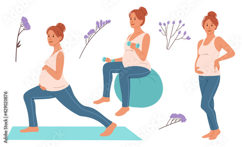 Set pregnant woman goes in for sports.Yoga for pregnant women, sportswear for young mothers. Active lifestyle. Happy and healthy expectant mother.