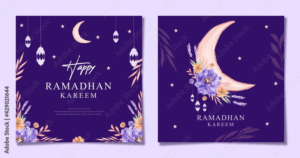 Fototapeta premium Beautiful Ramadhan kareem with floral watercolor