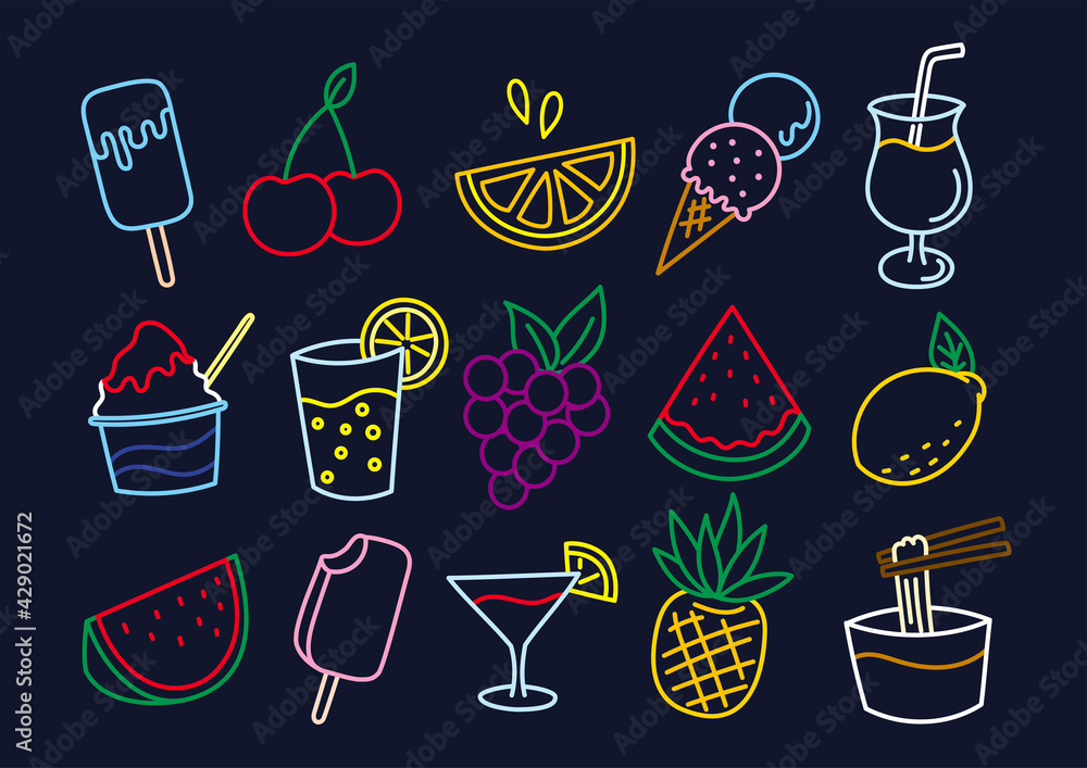 夏の食べ物と飲み物のイラスト ネオンカラー Stock Vector Adobe Stock