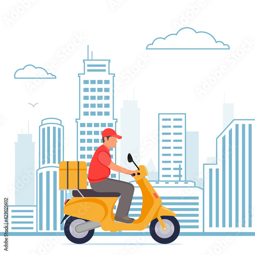 Delivery, the guy on the moped is carrying parcel . Flat cartoon design.