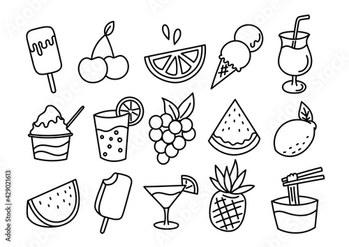 夏の食べ物と飲み物のイラスト　線画