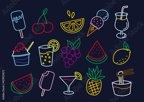 夏の食べ物と飲み物のイラスト　ネオンカラー