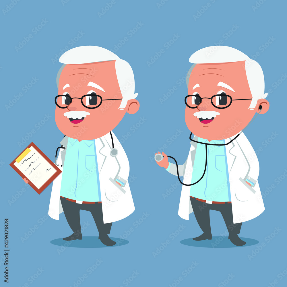 Cartoon mascot of a friendly older doctor