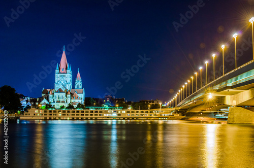 Photography Church Heiliger Franz of Assisi at Mexikoplatz during night, Vienna, Austria