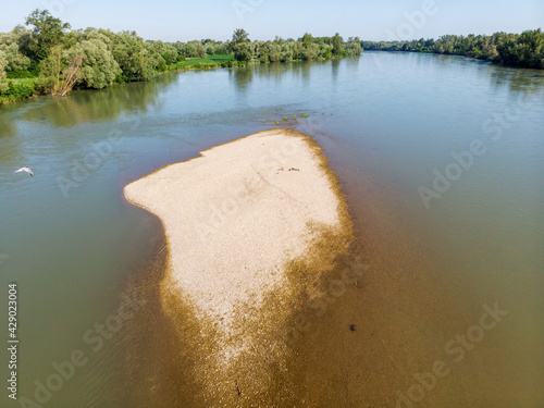 Slika na platnu Aerial photo of gravel bars on the Drava River