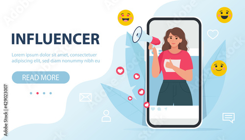 Social media influencer. Young woman in the social profile frame, and emoji icons. Flat vector illustration, template for web page, banner