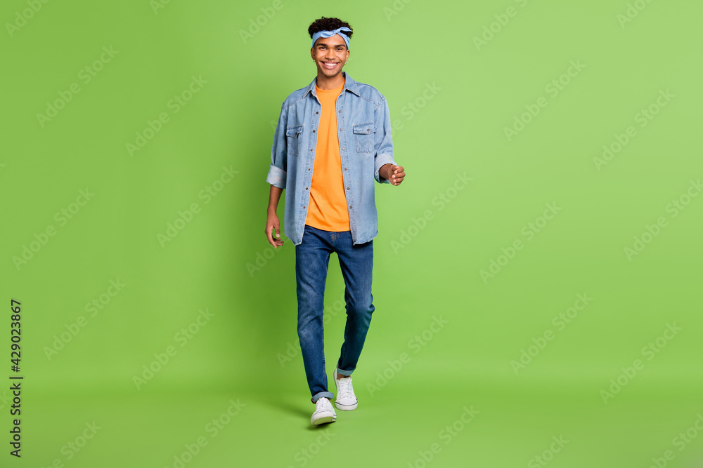 Full size photo of optimistic nice brunet guy go wear band shirt jeans sneakers isolated on green color background Full size photo of optimistic nice brunet guy go wear band shirt jeans sneakers isolated on green color background
