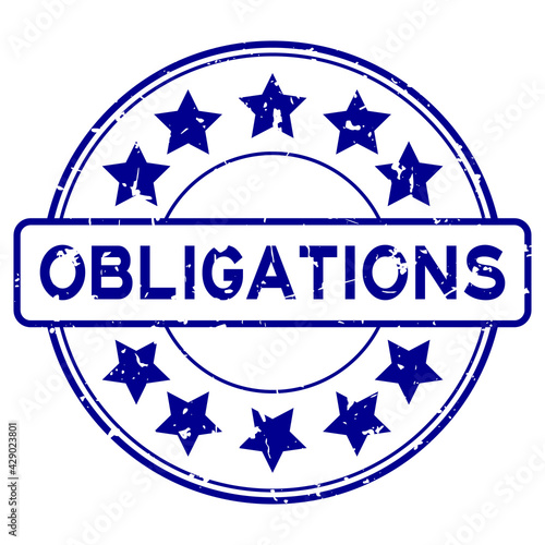 Grunge blue obligations word with star icon round rubber seal stamp on white background