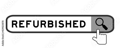 Search banner in word refurbished with hand over magnifier icon on white background