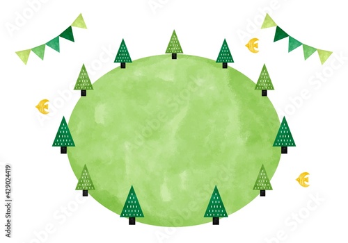 木とガーランドの広場　水彩ベクターイラスト