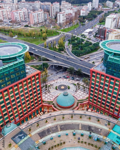 Lisbon, Portugal - 15 December 2020: Aerial view of Centro Colombo pavillon with modern building, a famous shopping mall in Lisbon downtown, Portugal.