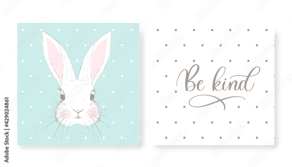 Cute posters with little rabbit vector prints for baby room, baby shower, greeting card, kids and baby t-shirts and wear. Be kind - lettering inscription