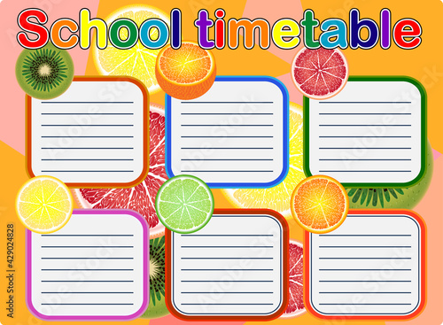 Template school timetable for students or pupils with days of week and free spaces