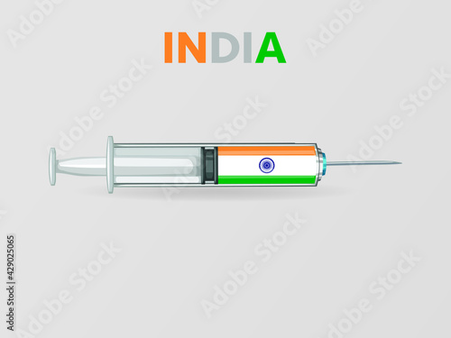 Medical disposable syringe icon with India Flag. Applicable for covid 19, coronavirus vaccine injection, vaccination illustration. plastic syringe. Vector illustration