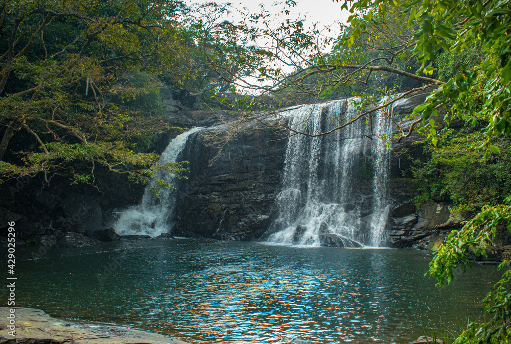 Fototapeta premium A beautiful waterfall in the middle of the forest located in Srilanka