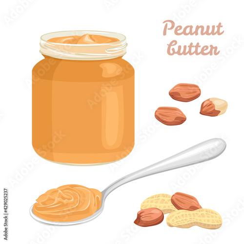 Peanut butter set. Vector illustration of nuts, pastе in jar and spoon in cartoon flat style.