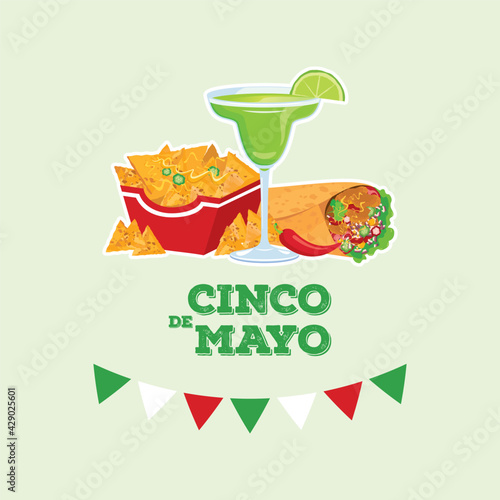 Cinco de Mayo Mexican holiday with Mexican food and drink vector. Margarita drink, burrito and nachos icon vector. Cinco de Mayo Poster, May 5. Important day