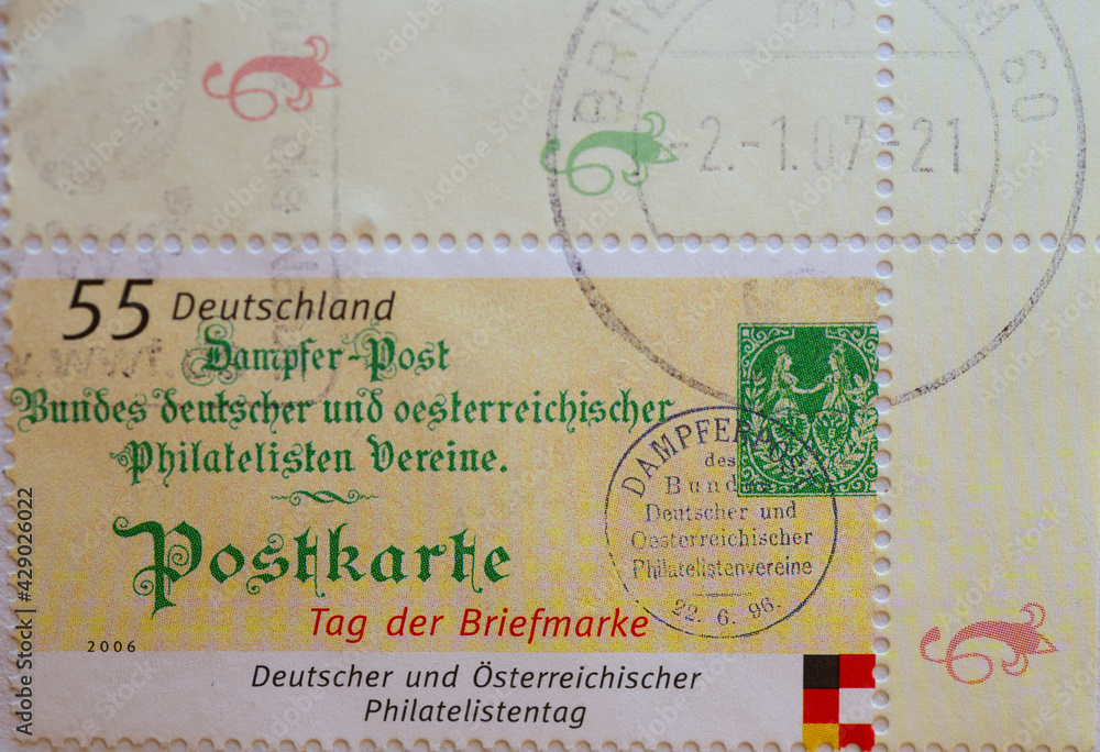 GERMANY - CIRCA 2006 : a postage stamp from Germany, showing a postcard for the German and Austrian Philatelic Day, Philately
