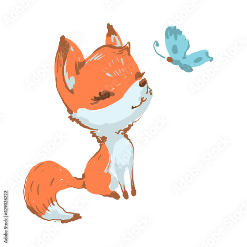 Cute fox seating and smiling to butterfly vector illustration isolated on white